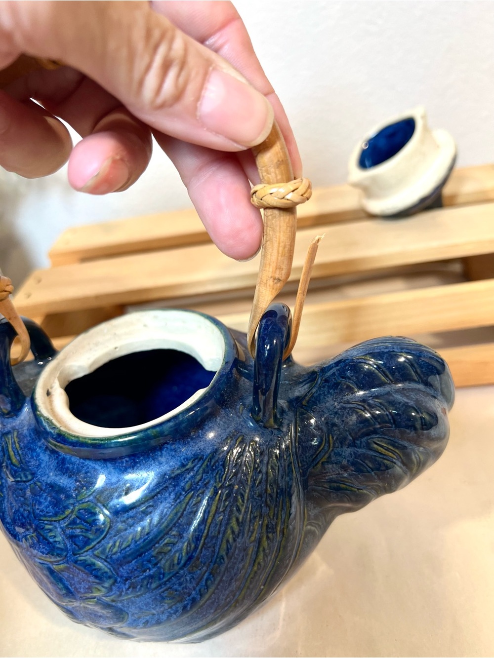 Ceramic Chicken Form Teapot | Cobalt Blue Ceramic w Bamboo Handle | Indonesia - Picture 7 of 11
